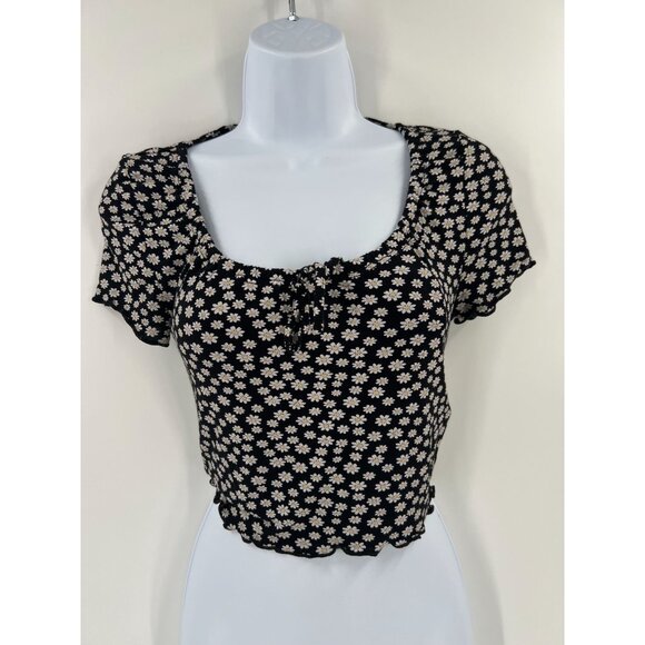 Topshop US 2 Black Daisy Crop Top Puff Sleeve Lettuce Hem Square Neck Y2K - Picture 8 of 8